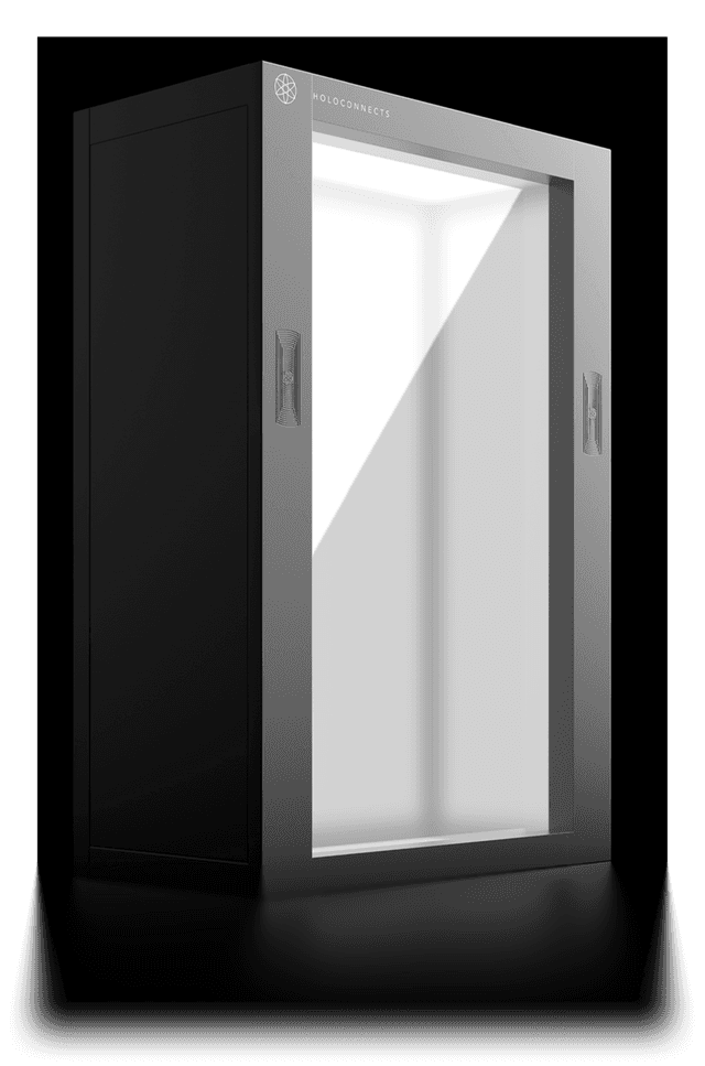 Human Box 86-inch holographic display cabinet showing transparent LCD screen for life-size 3D holographic images